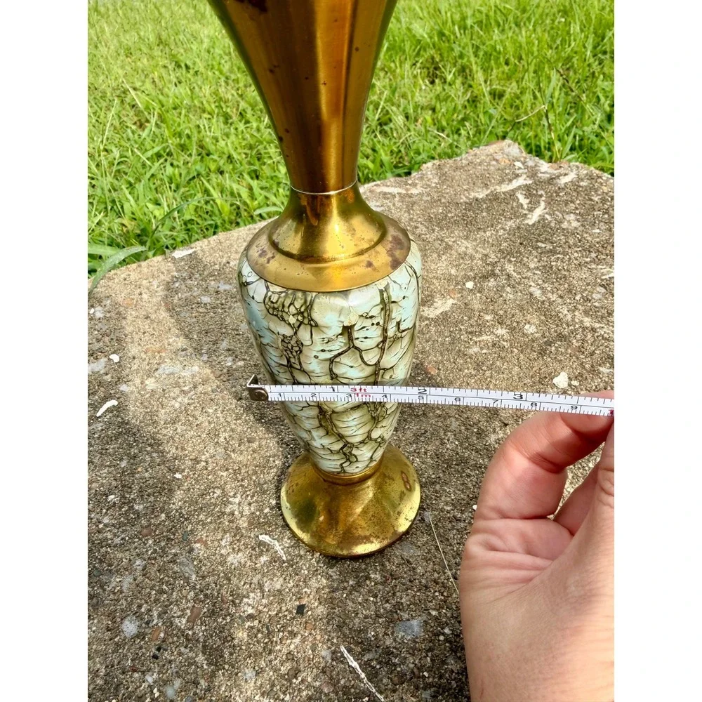 Vintage Old Dutch Delft Brass and Crackle Glaze Bud Vase Made in Holland 8 inch